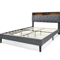 Okwish Lit Déco 140 x 200 Cm - Lit Double Capitonné avec Tête de Lit Coffre - Bois Massif et Lin - Sans Matelas - Gris* Lit Double