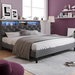 Okwish Lit Déco 140 x 200 Cm - Lit Double Capitonné avec Tête de Lit Coffre - Bois Massif et Lin - Sans Matelas - Gris* Lit Double