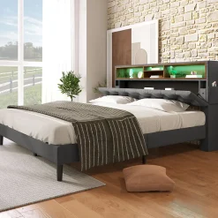 Okwish Lit Déco 140 x 200 Cm - Lit Double Capitonné avec Tête de Lit Coffre - Bois Massif et Lin - Sans Matelas - Gris* Lit Double