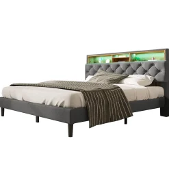 Okwish Lit Déco 140 x 200 Cm - Lit Double Capitonné avec Tête de Lit Coffre - Bois Massif et Lin - Sans Matelas - Gris* Lit Double