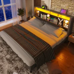 Lit Déco 140 x 200 Cm - Lit Double avec Chargement USB et LED - Bois Massif, Lin et Métal - Sans Matelas - Gris>Okwish Outlet
