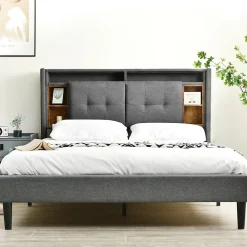 Lit Déco 140 x 200 Cm - Lit Double avec Chargement USB et LED - Bois Massif, Lin et Métal - Sans Matelas - Gris>Okwish Outlet