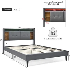 Lit Déco 140 x 200 Cm - Lit Double avec Chargement USB et LED - Bois Massif, Lin et Métal - Sans Matelas - Gris><noscript><img width=