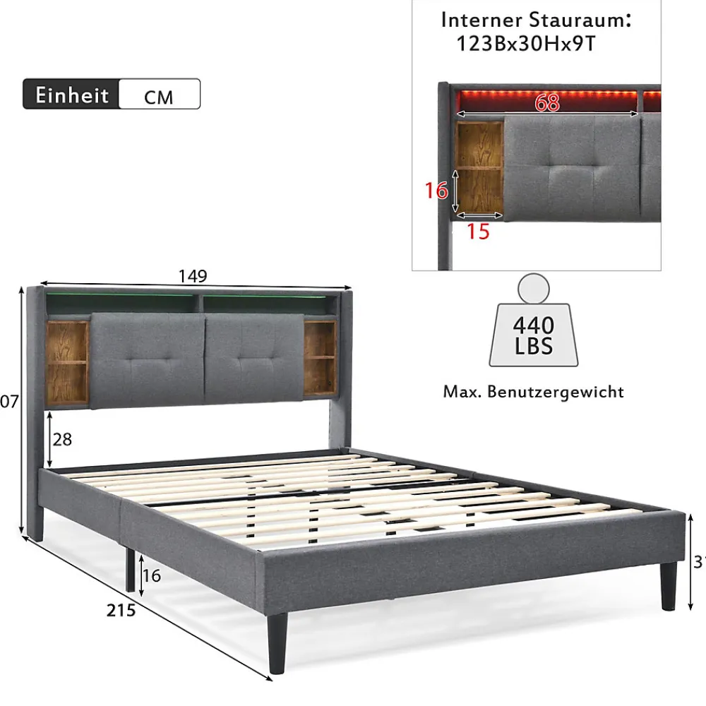 Lit Déco 140 x 200 Cm - Lit Double avec Chargement USB et LED - Bois Massif, Lin et Métal - Sans Matelas - Gris>Okwish Outlet