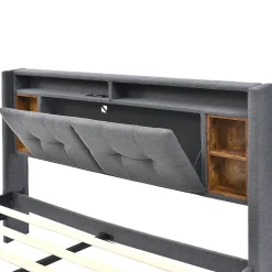 Lit Déco 140 x 200 Cm - Lit Double avec Chargement USB et LED - Bois Massif, Lin et Métal - Sans Matelas - Gris><noscript><img width=