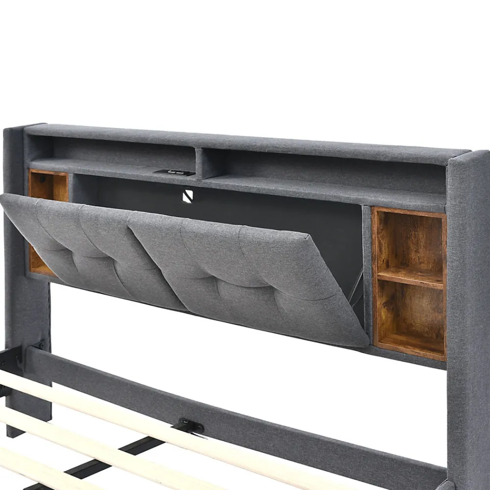 Lit Déco 140 x 200 Cm - Lit Double avec Chargement USB et LED - Bois Massif, Lin et Métal - Sans Matelas - Gris>Okwish Outlet