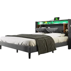 Lit Déco 140 x 200 Cm - Lit Double avec Chargement USB et LED - Bois Massif, Lin et Métal - Sans Matelas - Gris><noscript><img width=