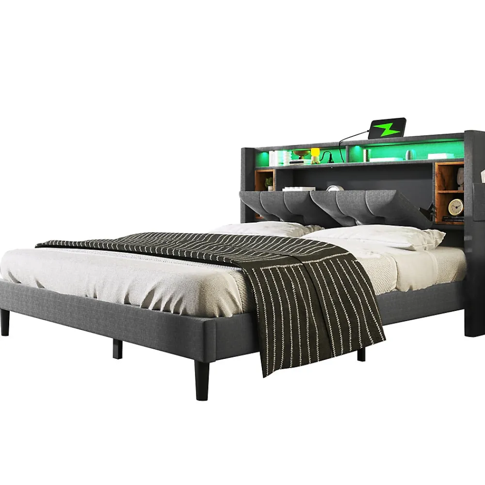 Lit Déco 140 x 200 Cm - Lit Double avec Chargement USB et LED - Bois Massif, Lin et Métal - Sans Matelas - Gris>Okwish Outlet
