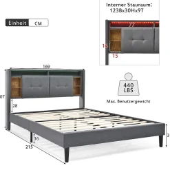 Okwish Lit Déco 160 x 200 Cm - Lit Double avec Chargement USB et LED - Bois Massif, Lin et Métal - Sans Matelas - Gris* Lit Double