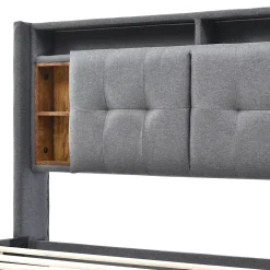 Okwish Lit Déco 160 x 200 Cm - Lit Double avec Chargement USB et LED - Bois Massif, Lin et Métal - Sans Matelas - Gris* Lit Double