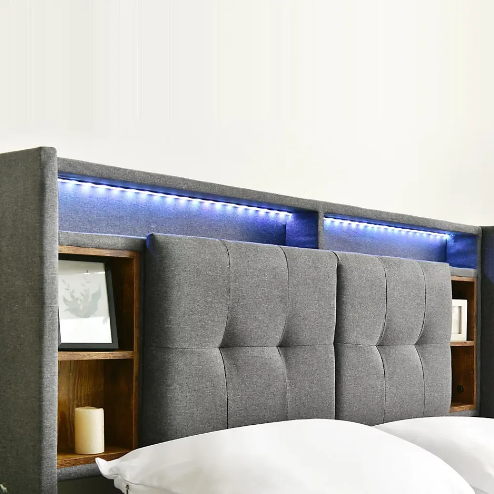 Okwish Lit Déco 160 x 200 Cm - Lit Double avec Chargement USB et LED - Bois Massif, Lin et Métal - Sans Matelas - Gris* Lit Double
