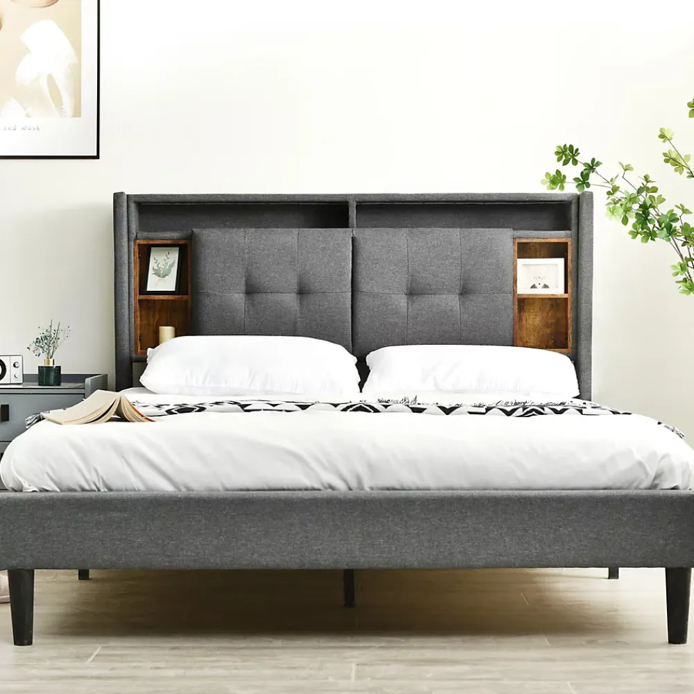 Okwish Lit Déco 160 x 200 Cm - Lit Double avec Chargement USB et LED - Bois Massif, Lin et Métal - Sans Matelas - Gris* Lit Double