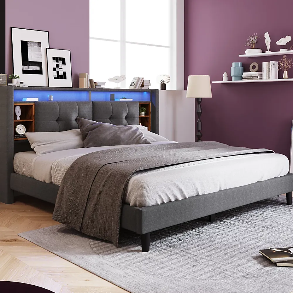 Okwish Lit Déco 160 x 200 Cm - Lit Double avec Chargement USB et LED - Bois Massif, Lin et Métal - Sans Matelas - Gris* Lit Double