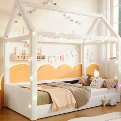 Lit de jour rembourré 90x200 cm, éclairage LED - beige><noscript><img width=