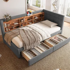 Lit de jour 90x200 cm, 2 tiroirs, USB/Type-C, rangement, lattes, lin - gris>Blackcolors Clearance
