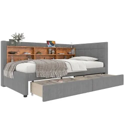 Lit de jour 90x200 cm, 2 tiroirs, USB/Type-C, rangement, lattes, lin - gris>Blackcolors Clearance