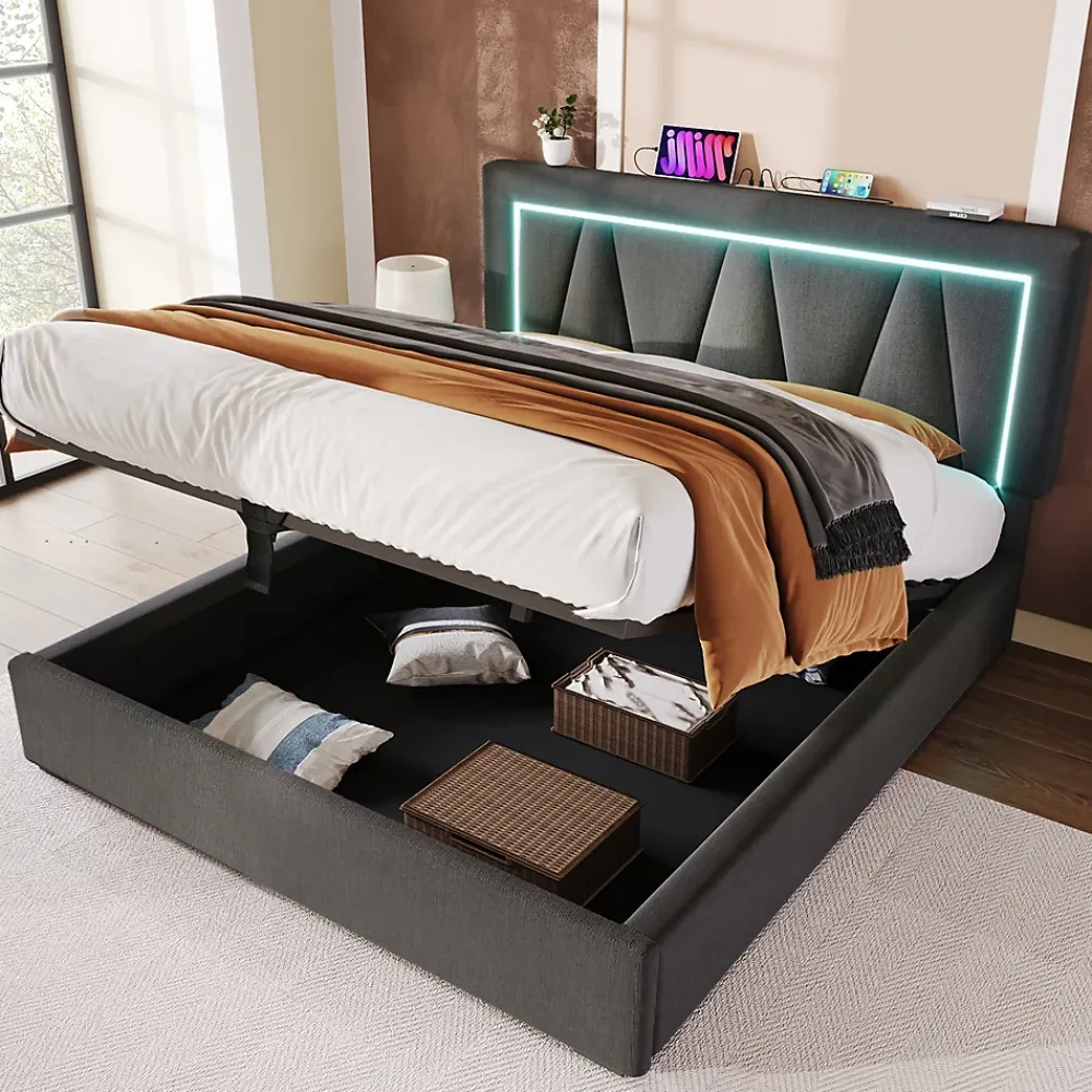 Gutent lit de rangement 160x200 cm lit rembourré lit eclairage led avec fonction de chargement usb type c lit double lin gris* Lit Avec Rangement