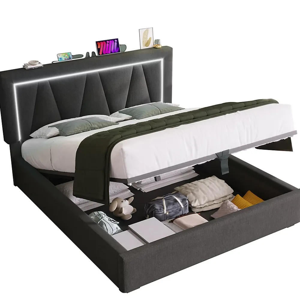 Gutent lit de rangement 160x200 cm lit rembourré lit eclairage led avec fonction de chargement usb type c lit double lin gris* Lit Avec Rangement