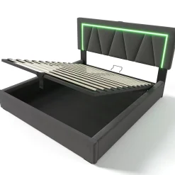 Gutent lit de rangement 160x200 cm lit rembourré lit eclairage led avec fonction de chargement usb type c lit double lin gris* Lit Avec Rangement