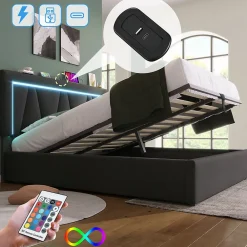 Gutent lit de rangement 160x200 cm lit rembourré lit eclairage led avec fonction de chargement usb type c lit double lin gris* Lit Avec Rangement