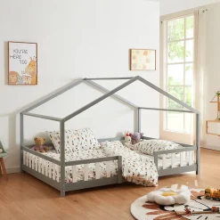 [En.Casa] Lit d'Enfant Forme Maison avec Grille de Protection Treviolo 200 x 140 cm gris en.casa*Enfant Lit Enfant