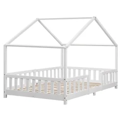 Lit d'Enfant Forme Maison avec Grille de Protection Treviolo 200 x 120 cm Blanc Mat Laqué en.casa>[En.Casa] Online