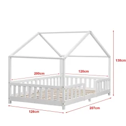 Lit d'Enfant Forme Maison avec Grille de Protection Treviolo 200 x 120 cm Blanc Mat Laqué en.casa><noscript><img width=