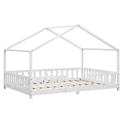 Lit d'Enfant Forme Maison avec Grille de Protection Treviolo 200 x 120 cm Blanc Mat Laqué en.casa><noscript><img width=