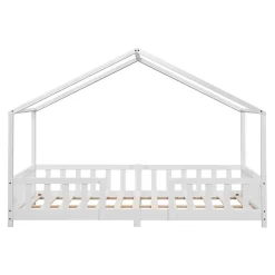 Lit d'Enfant Forme Maison avec Grille de Protection Treviolo 200 x 120 cm Blanc Mat Laqué en.casa><noscript><img width=