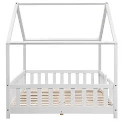Lit d'Enfant Forme Maison avec Grille de Protection Treviolo 200 x 120 cm Blanc Mat Laqué en.casa><noscript><img width=