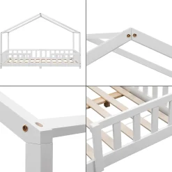 Lit d'Enfant Forme Maison avec Grille de Protection Treviolo 200 x 120 cm Blanc Mat Laqué en.casa><noscript><img width=