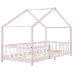 [En.Casa] Lit d'Enfant Forme Maison avec Grille de Protection Treviolo 200 x 90 cm Rose Blanc Mat Laqué en.casa*Enfant Lit Enfant