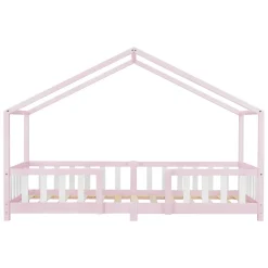 [En.Casa] Lit d'Enfant Forme Maison avec Grille de Protection Treviolo 200 x 90 cm Rose Blanc Mat Laqué en.casa*Enfant Lit Enfant