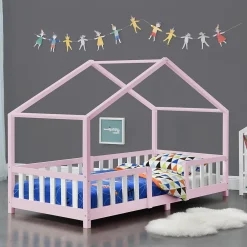 [En.Casa] Lit d'Enfant Forme Maison avec Grille de Protection Treviolo 200 x 90 cm Rose Blanc Mat Laqué en.casa*Enfant Lit Enfant