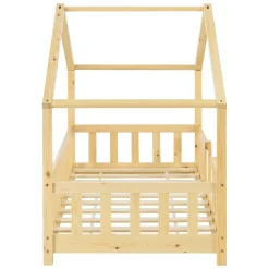 [En.Casa] Lit d'Enfant Forme Maison avec Grille de Protection Treviolo 160 x 80 cm Bois Naturel en.casa*Enfant Lit Enfant