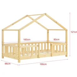 [En.Casa] Lit d'Enfant Forme Maison avec Grille de Protection Treviolo 160 x 80 cm Bois Naturel en.casa*Enfant Lit Enfant