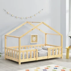 [En.Casa] Lit d'Enfant Forme Maison avec Grille de Protection Treviolo 160 x 80 cm Bois Naturel en.casa*Enfant Lit Enfant