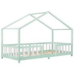 Lit d'Enfant Forme Maison avec Grille de Protection Treviolo 200 x 90 cm Menthe Blanc Mat Laqué en.casa>[En.Casa]