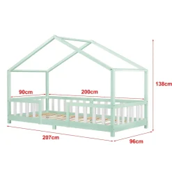 Lit d'Enfant Forme Maison avec Grille de Protection Treviolo 200 x 90 cm Menthe Blanc Mat Laqué en.casa><noscript><img width=