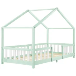 Lit d'Enfant Forme Maison avec Grille de Protection Treviolo 200 x 90 cm Menthe Blanc Mat Laqué en.casa><noscript><img width=