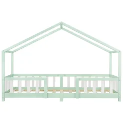 Lit d'Enfant Forme Maison avec Grille de Protection Treviolo 200 x 90 cm Menthe Blanc Mat Laqué en.casa><noscript><img width=