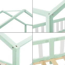 Lit d'Enfant Forme Maison avec Grille de Protection Treviolo 200 x 90 cm Menthe Blanc Mat Laqué en.casa><noscript><img width=