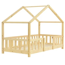 [En.Casa] Lit d'Enfant Forme Maison avec Grille de Protection Treviolo 140 x 70 cm Bois Naturel en.casa*Enfant Lit Enfant