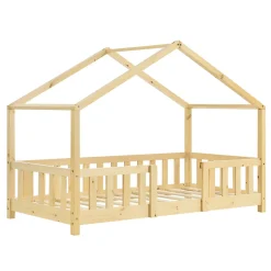 [En.Casa] Lit d'Enfant Forme Maison avec Grille de Protection Treviolo 140 x 70 cm Bois Naturel en.casa*Enfant Lit Enfant