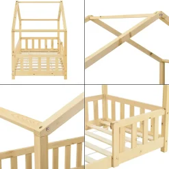 [En.Casa] Lit d'Enfant Forme Maison avec Grille de Protection Treviolo 140 x 70 cm Bois Naturel en.casa*Enfant Lit Enfant