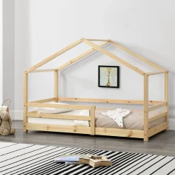 Lit d'Enfant Maison avec Barreaux de Sécurité Knätten Pin 90 x 200 cm Bois Naturel en.casa>[En.Casa] Online