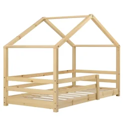 Lit d'Enfant Maison avec Barreaux de Sécurité Knätten Pin 90 x 200 cm Bois Naturel en.casa><noscript><img width=