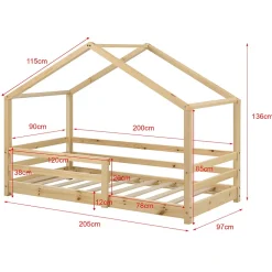 Lit d'Enfant Maison avec Barreaux de Sécurité Knätten Pin 90 x 200 cm Bois Naturel en.casa><noscript><img width=