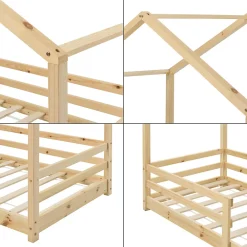 Lit d'Enfant Maison avec Barreaux de Sécurité Knätten Pin 90 x 200 cm Bois Naturel en.casa><noscript><img width=