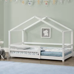 [En.Casa] Lit d'Enfant Maison avec Barreaux de Sécurité Knätten Pin 70 x 140 cm Blanc Mat Laqué en.casa*Enfant Lit Enfant